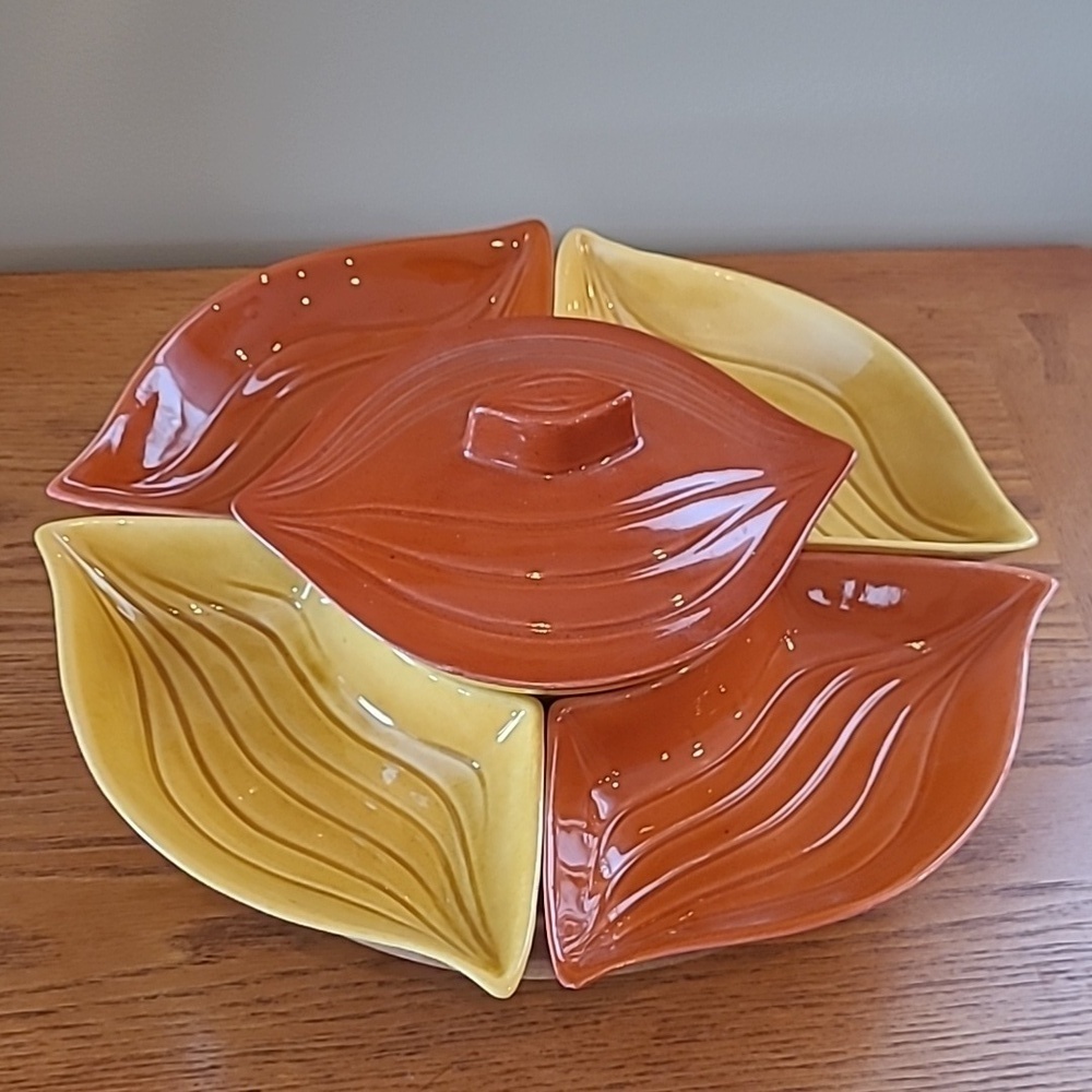 CALIFORNIA POTTERY Vintage MCM Yellow & Burnt Orange Lazy Susan Serving Set